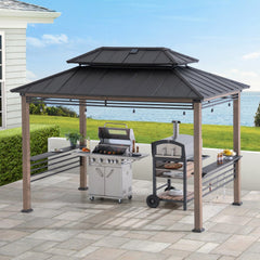 SUNJOY Grill Gazebo, 8' x 12' Cedar Frame Hardtop Gazebo with Solar Power and Shelves