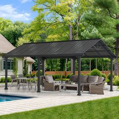 SUNJOY 12x20 Metal Carport, Black Steel Gable Roof Gazebo, Outdoor Living Pavilion with 2 Ceiling Hooks