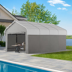 Sunjoy 12x20 Metal Carports, Outdoor Gazebo with Light Gray Metal Roof, Outdoor Living Pavilion with Ceiling Hook, and Fabric Enclosure