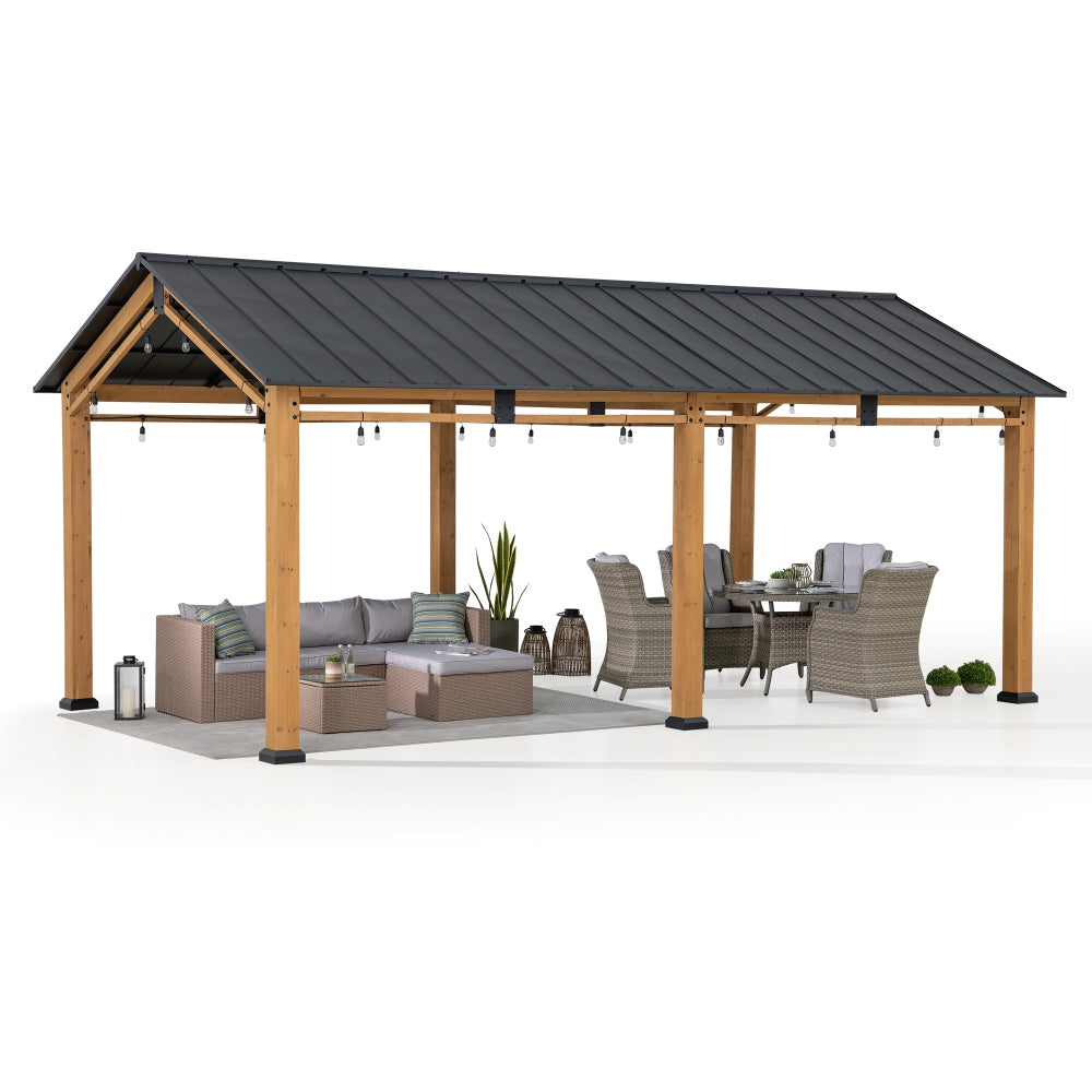 Sunjoy 11x20 Wood Carport, Black Steel Gable Roof Gazebo, Outdoor Living Pavilion with 2 Ceiling Hooks.