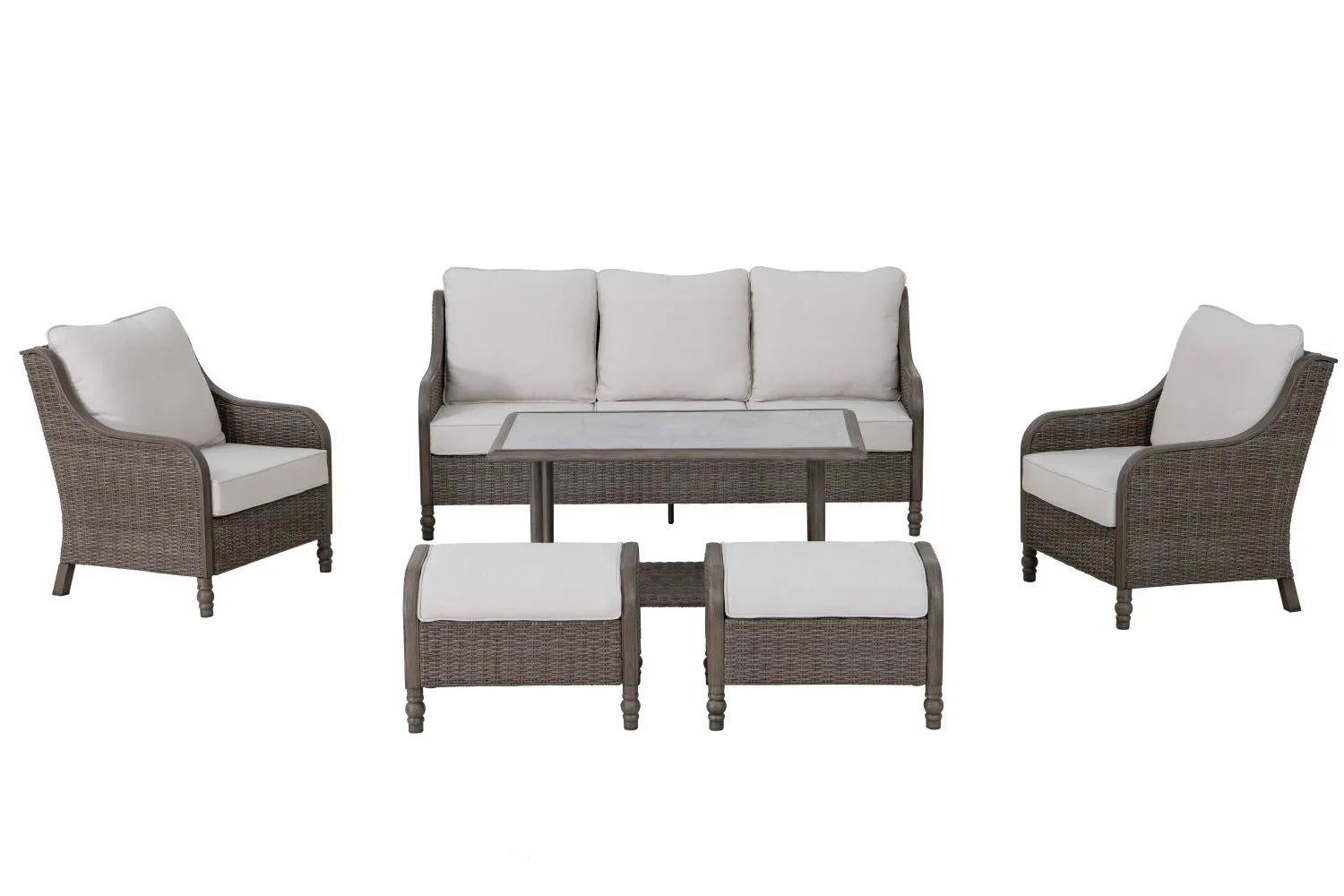 Windsor 6-Piece Brown Wicker Outdoor Patio Conversation Seating Set with Cushion Guard Biscuit Tan Cushions