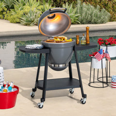 SUNJOY 20 Inch Charcoal Grill, Kamado Grill with Pizza Stone, Ultimate Egg BBQ Grill and Smoker with Wheels