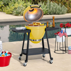 SUNJOY 20 Inch Charcoal Grill, Kamado Grill with Pizza Stone, Ultimate Egg BBQ Grill and Smoker with Wheels