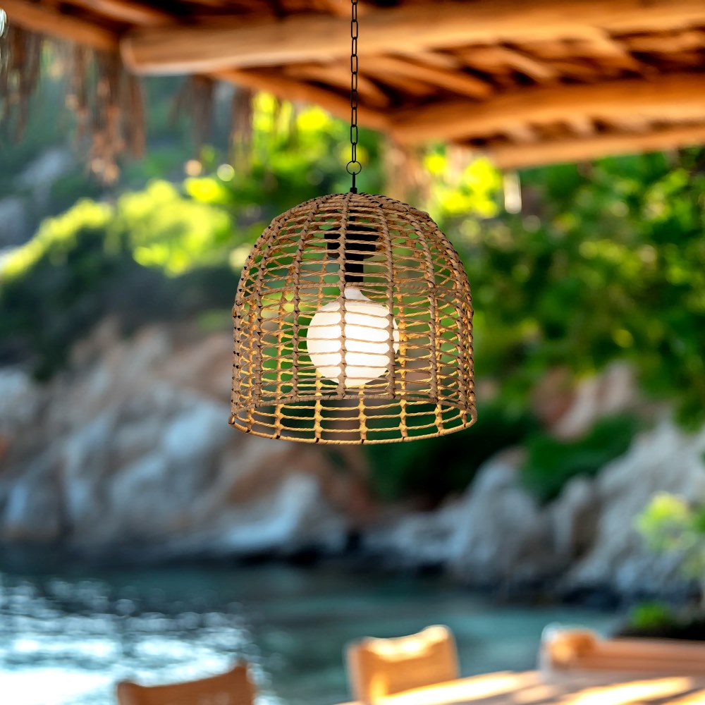 SUNJOY Outdoor Chandelier Wicker Hanging Light Fixture with Remote Control - Light Brown