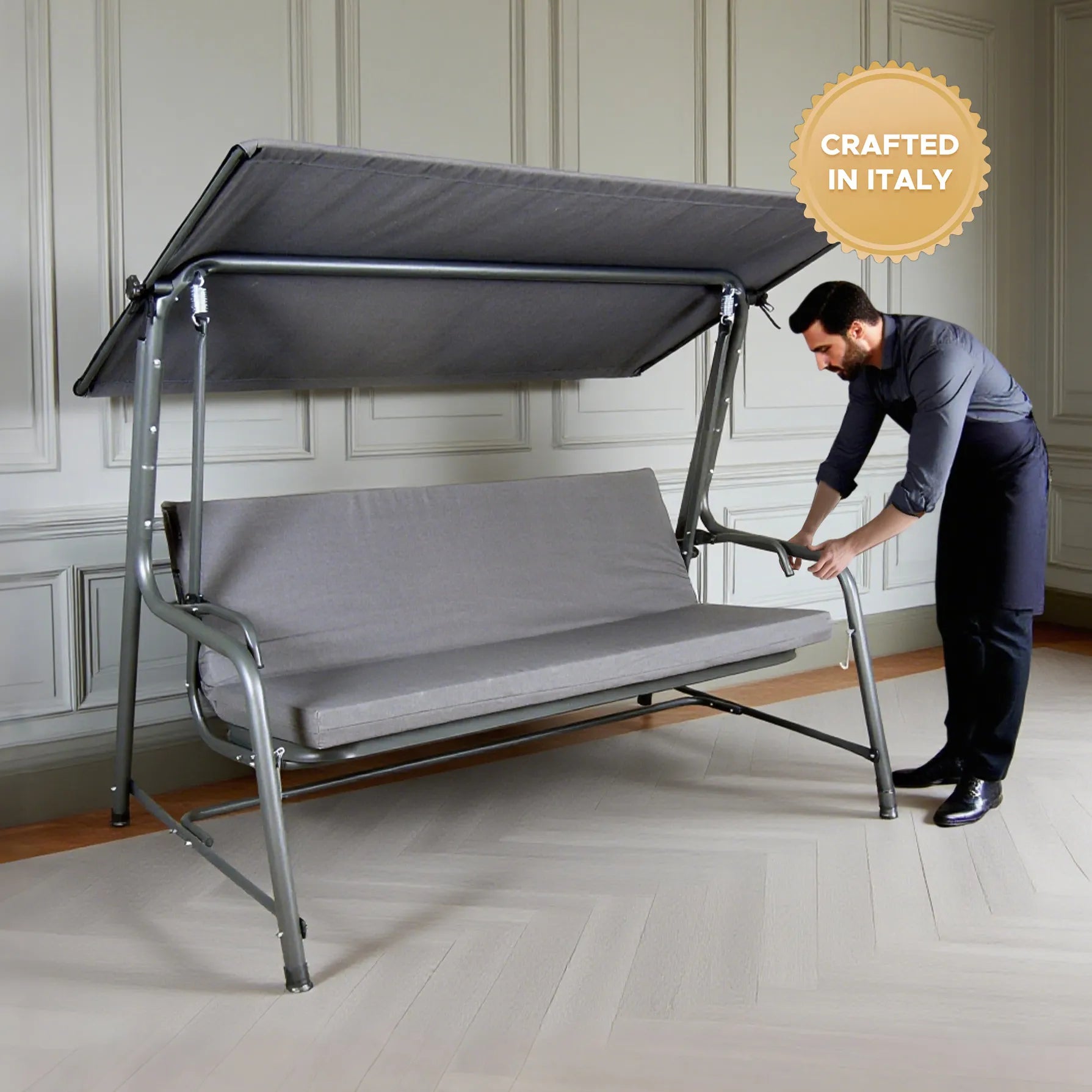 SUNJOY 4-Seat Italian-Made Patio Swing Chair / Bed with Adjustable Canopy and Cushions