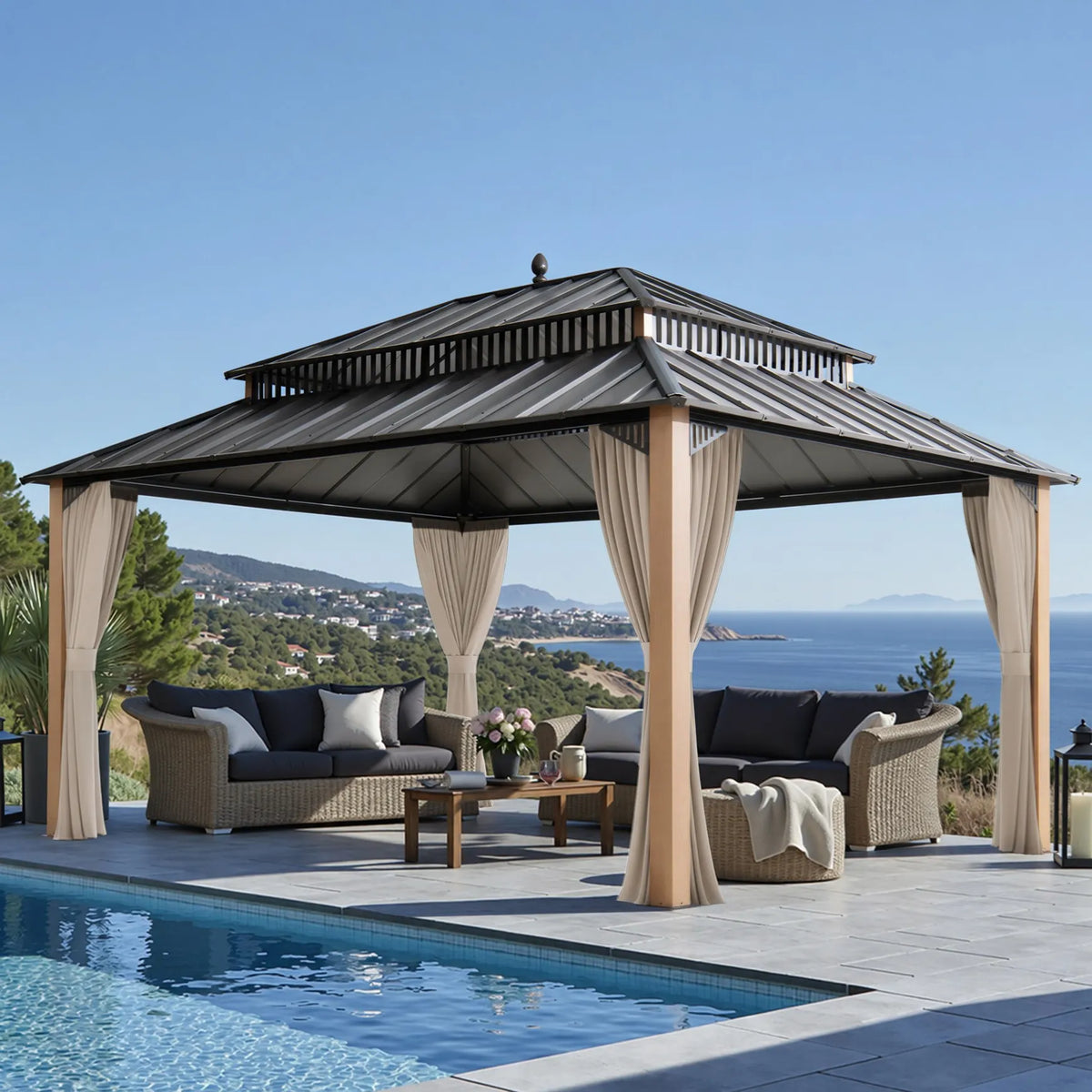 Kingston Aluminum Gazebo - Natural Woodgrain, 12x16