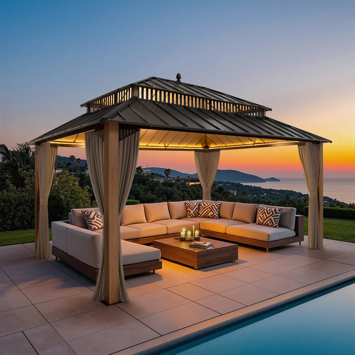 Kingston Aluminum Gazebo - Natural Woodgrain, 12x16