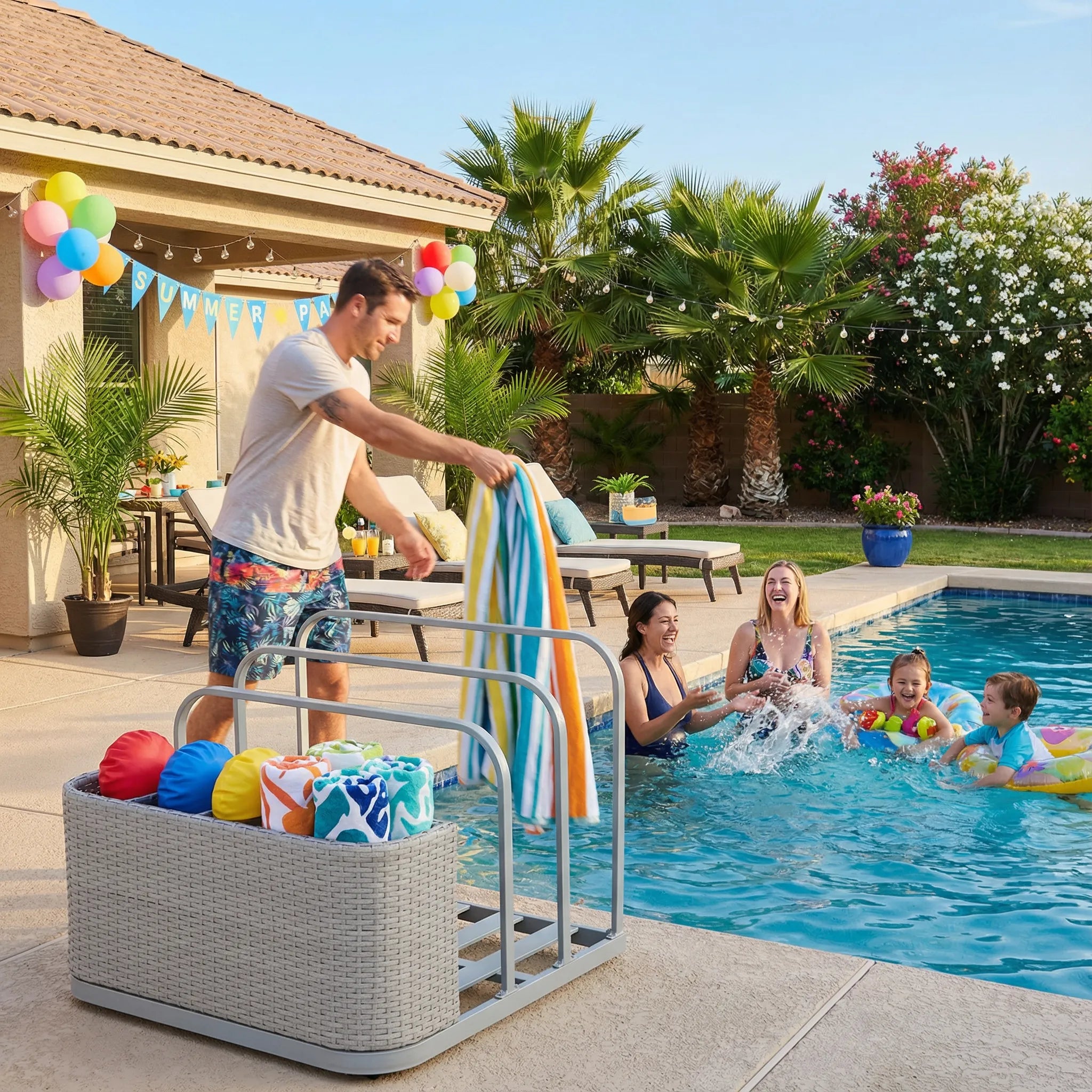 Oversized Rust-proof Wicker Pool Organizer 35'' - Gray