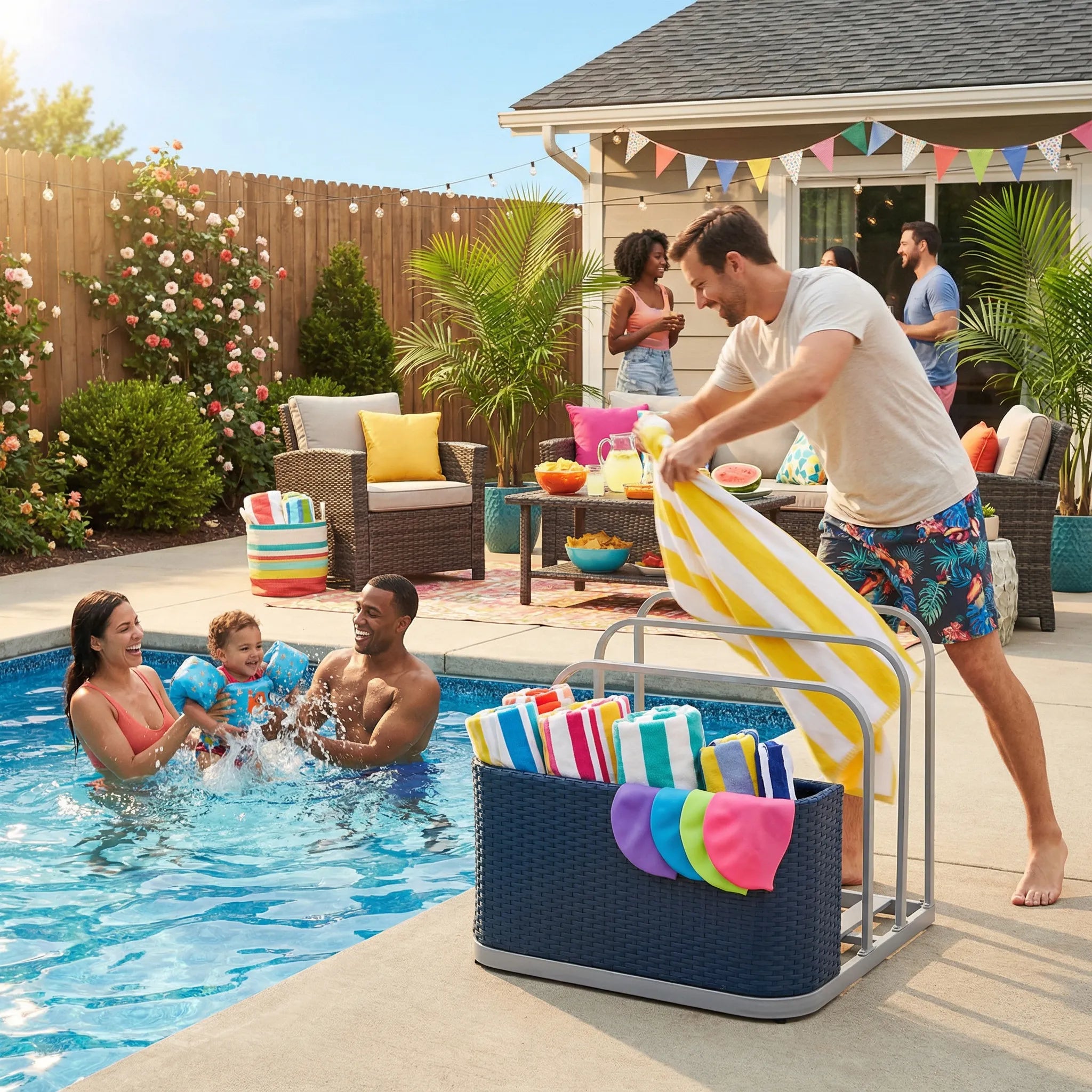 Oversized Rust-proof Wicker Pool Organizer 35'' - Navy