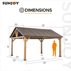 SUNJOY Outdoor Patio 13x15 Wooden Frame Steel Gable Roof Backyard Hardtop Gazebo/Pavilion with Ceiling Hook