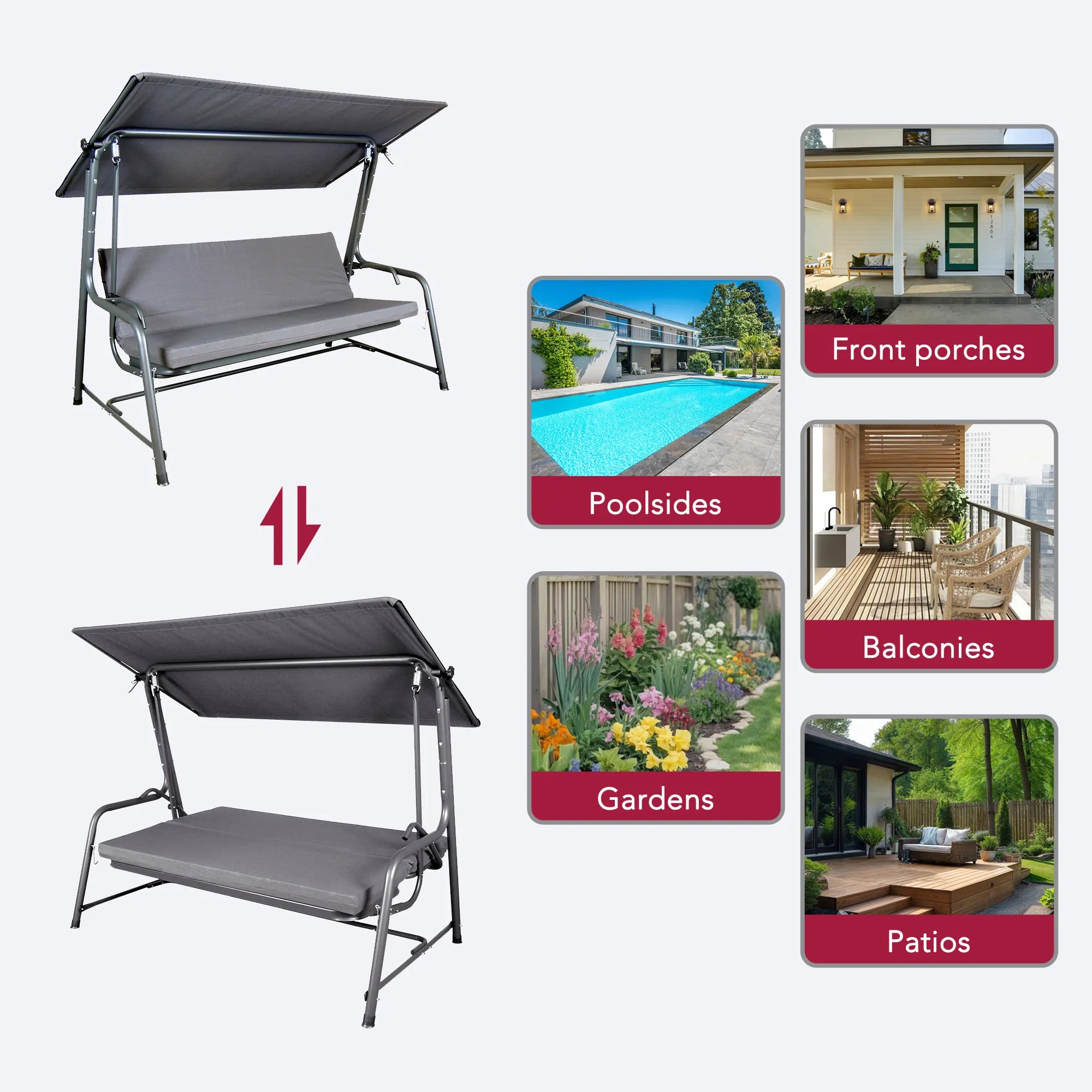 SUNJOY 4-Seat Italian-Made Patio Swing Chair / Bed with Adjustable Canopy and Cushions