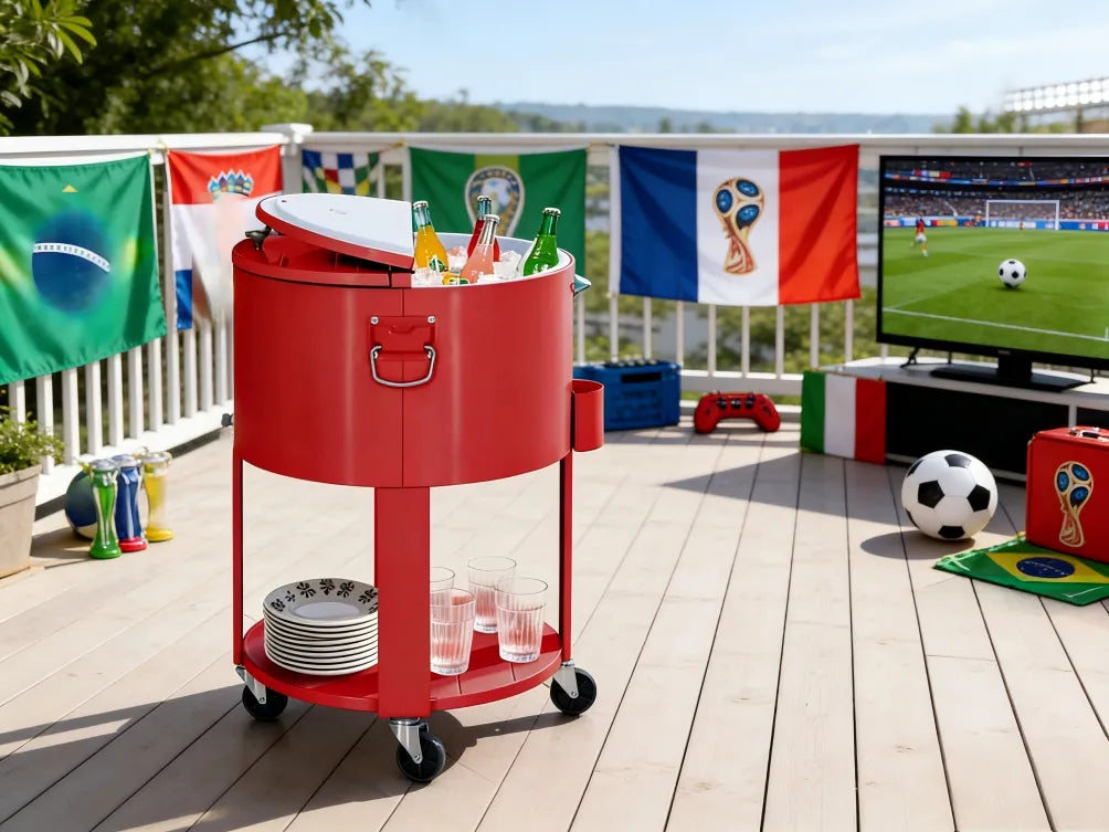 Red cooler cart with drinks on a deck with World Cup-themed decor