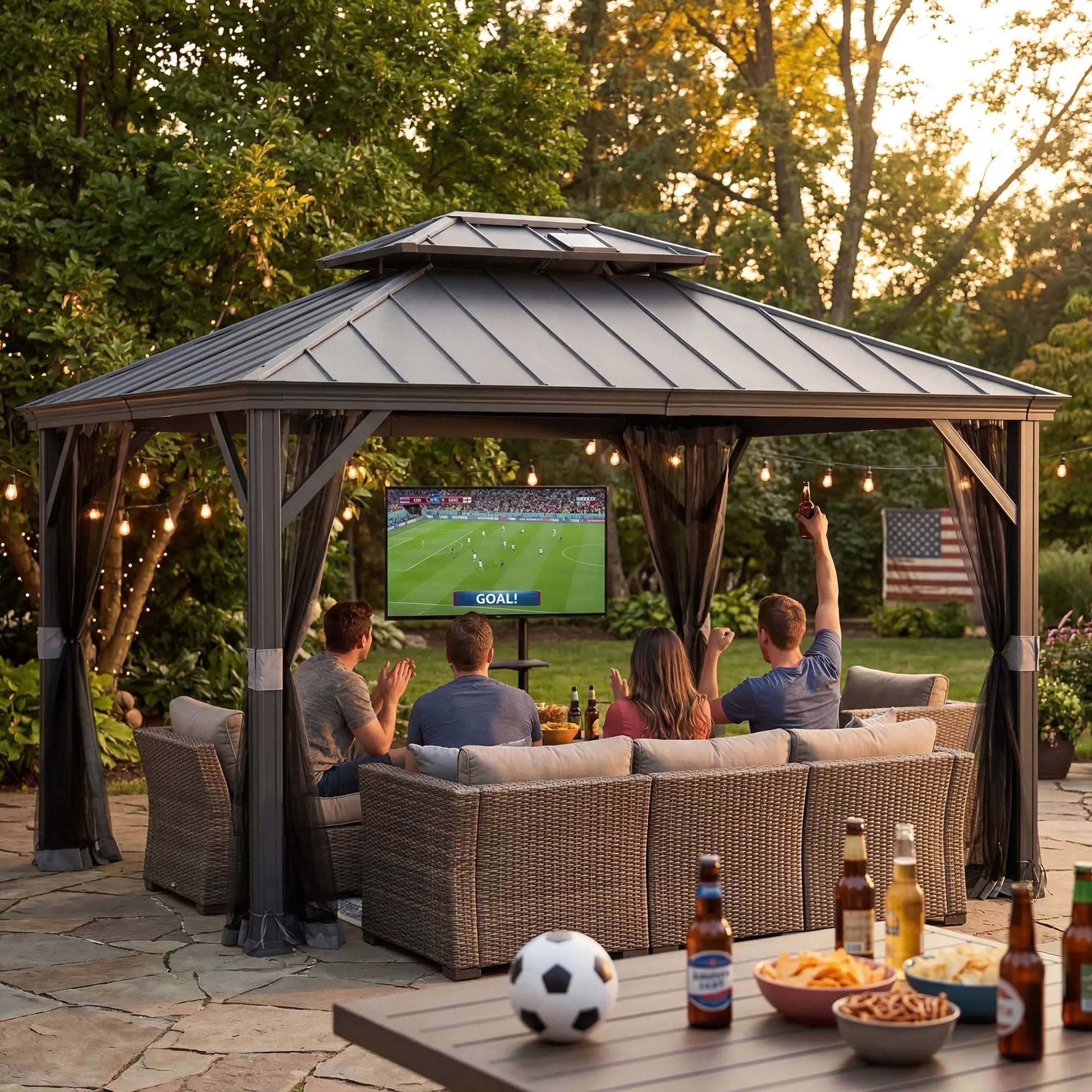 10x12 Hardtop Metal Gazebo with Netting & Solar Panel - SUNJOY