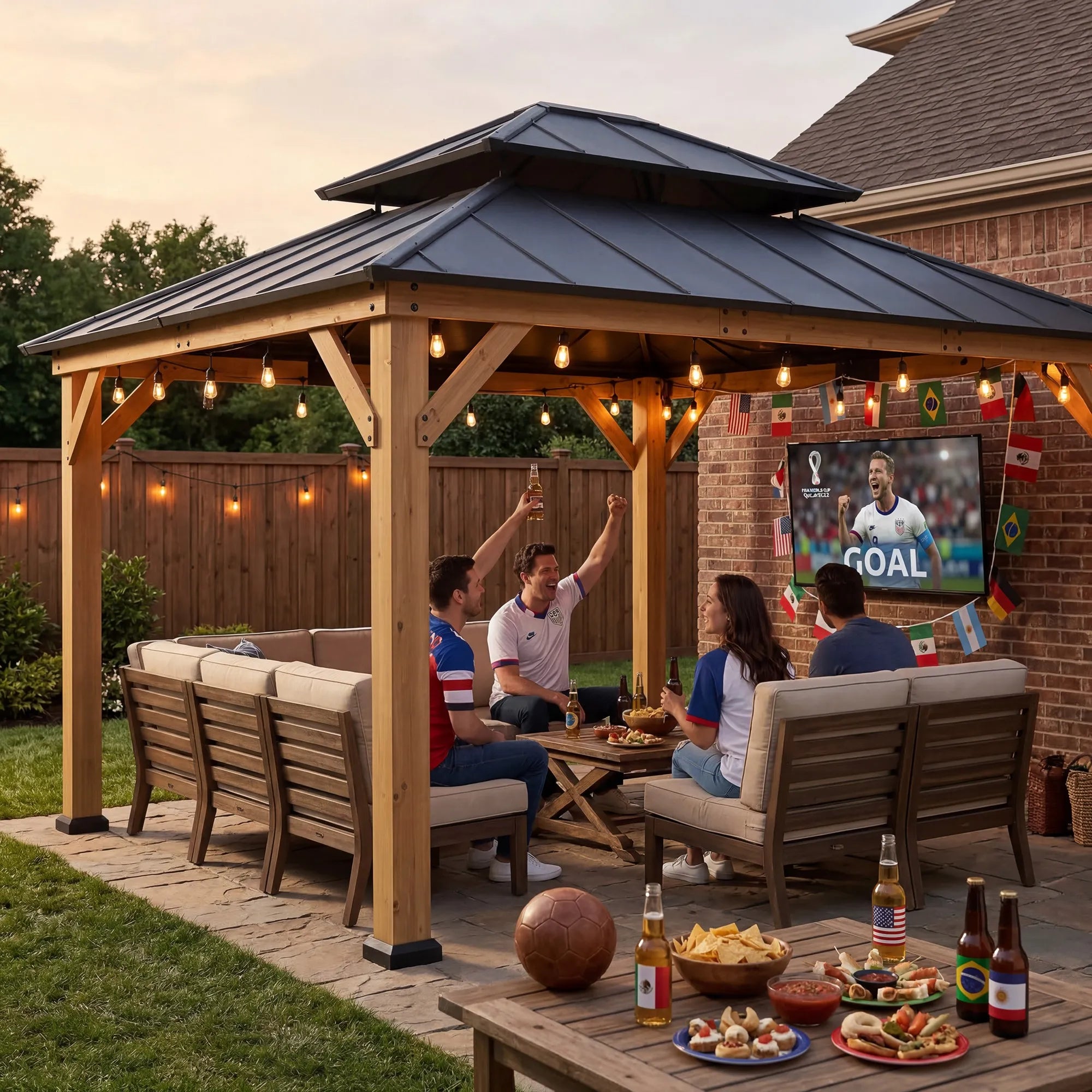 SUNJOY 10x12 Cedar Wood Gazebo with Galvanized Steel Roof, LED String Lights & Mosquito Netting - Brown