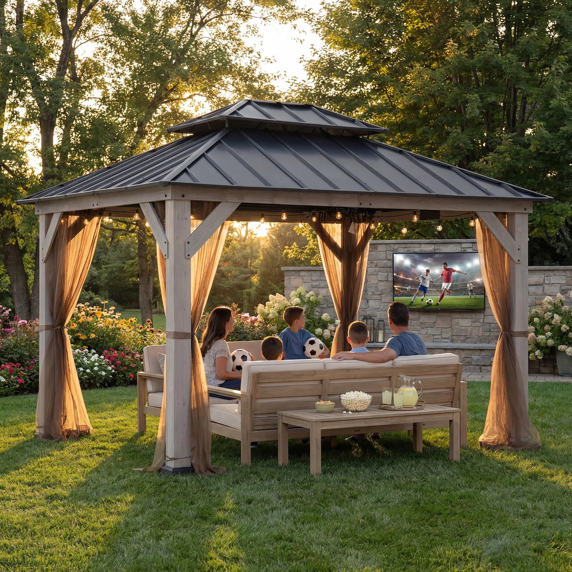 SUNJOY 10x12 Cedar Wood Gazebo with Galvanized Steel Roof, LED String Lights & Mosquito Netting - Black