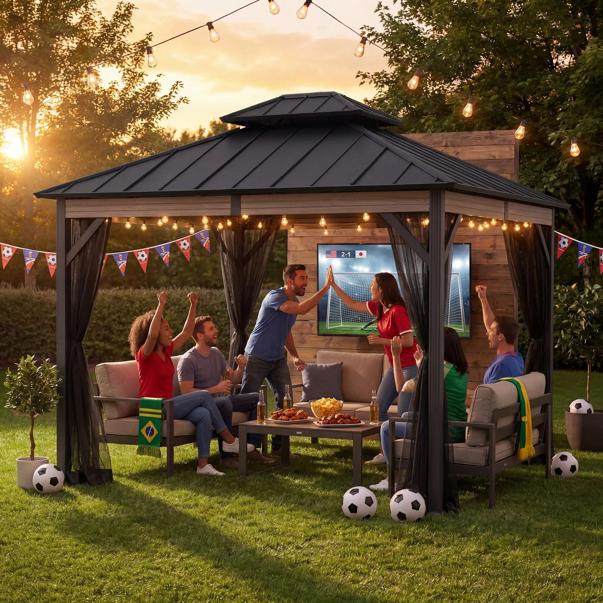 SUNJOY 10x12 Heavy-Duty Hardtop Gazebo with Mosquito Netting & Wood-Look Beams