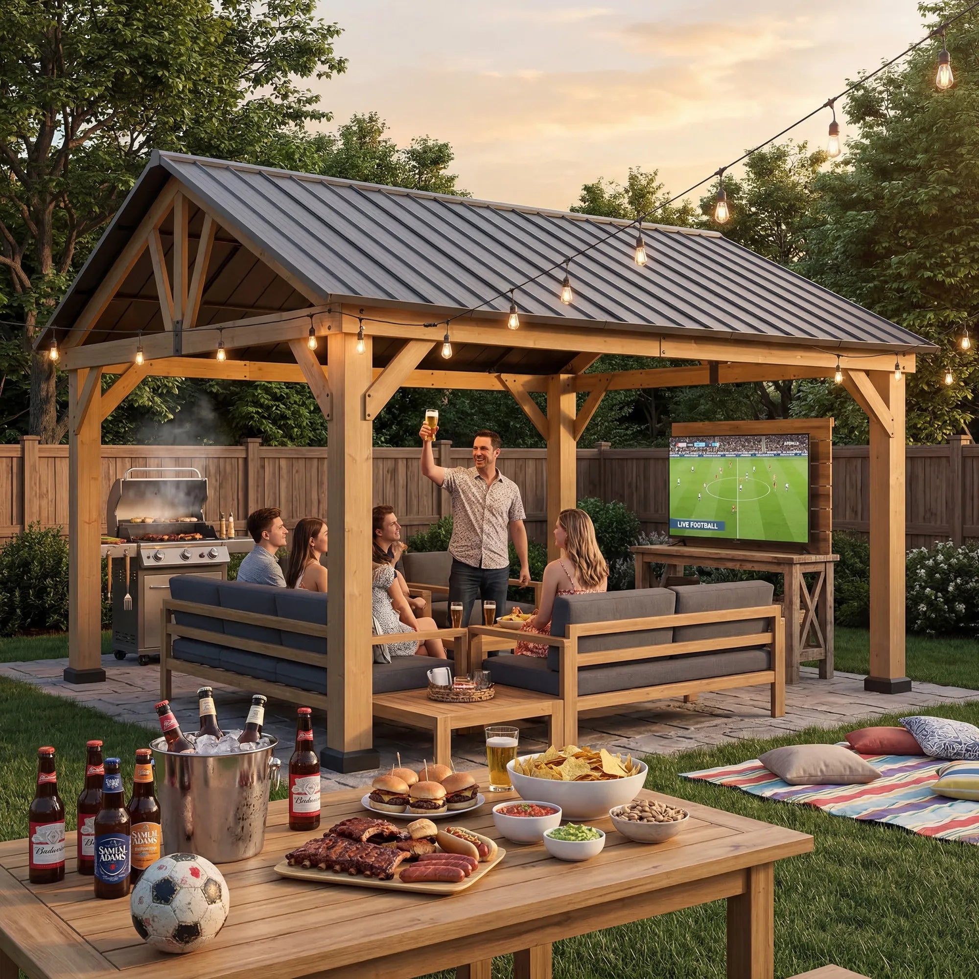 SUNJOY 11x13 Wooden Frame Gable Roof Gazebo with Ceiling Hook - Black