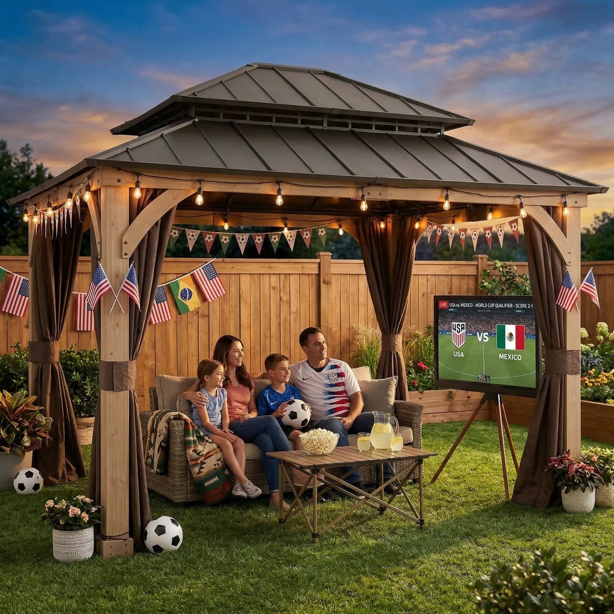 SUNJOY 11x13 Wooden Gazebo with Nettings and Curtains丨Extra-Large Vent Top - Weathered Cedar