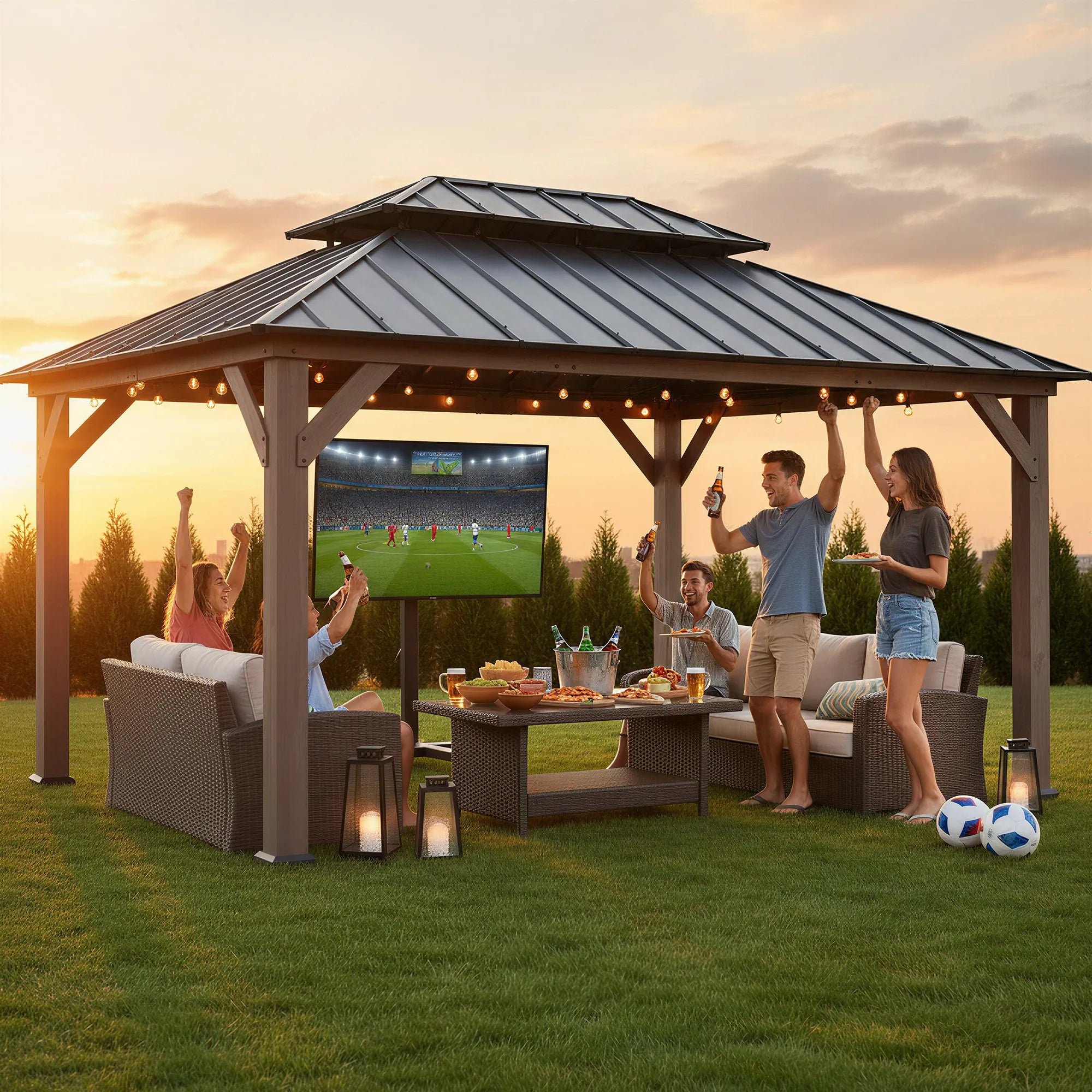 SUNJOY 12x16 Cedar Frame Gazebo with Steel Roof, Netting and Ceiling Hook - Weathered Cedar