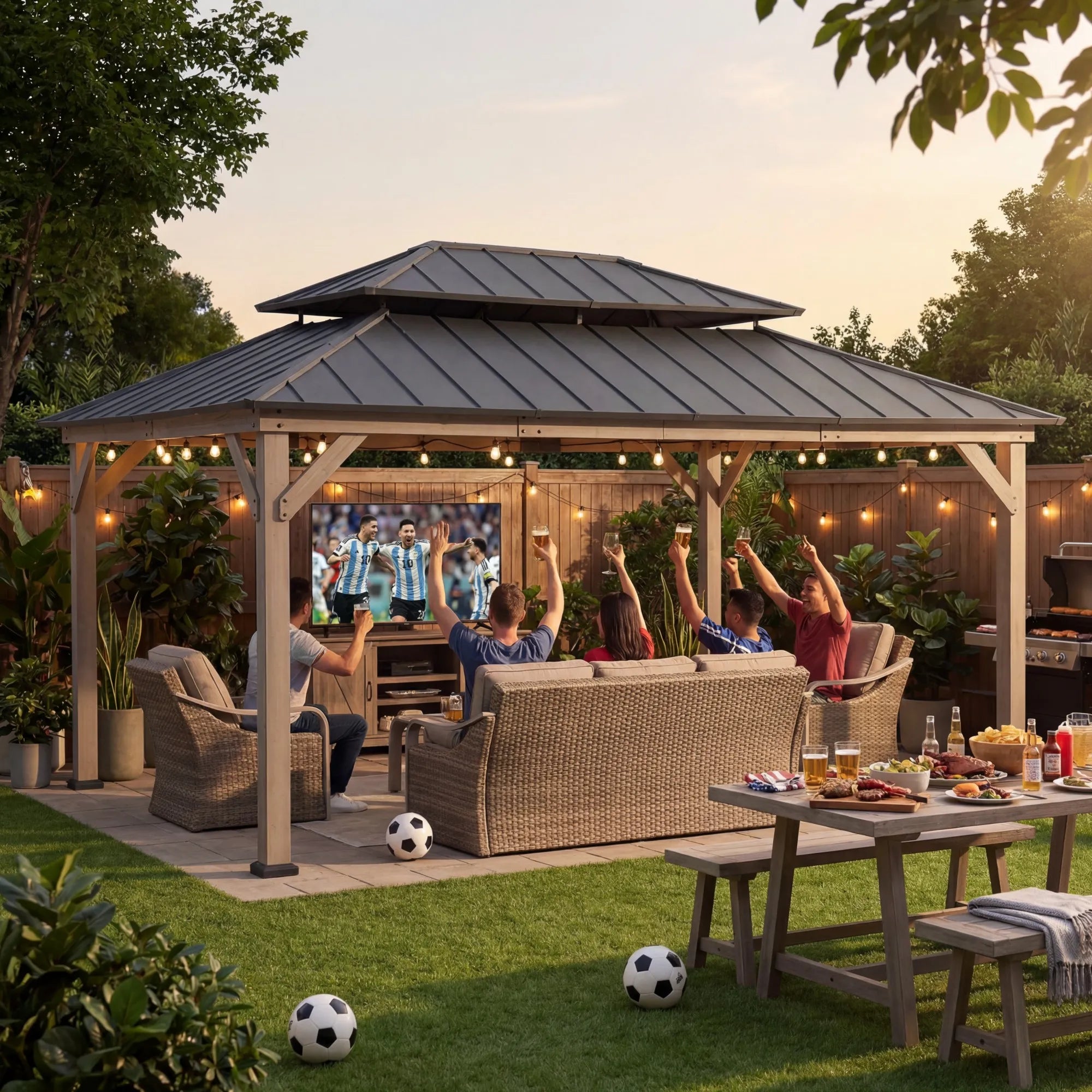 12x16 Outdoor Cedar Gazebo with Steel Roof & Posts | SUNJOY