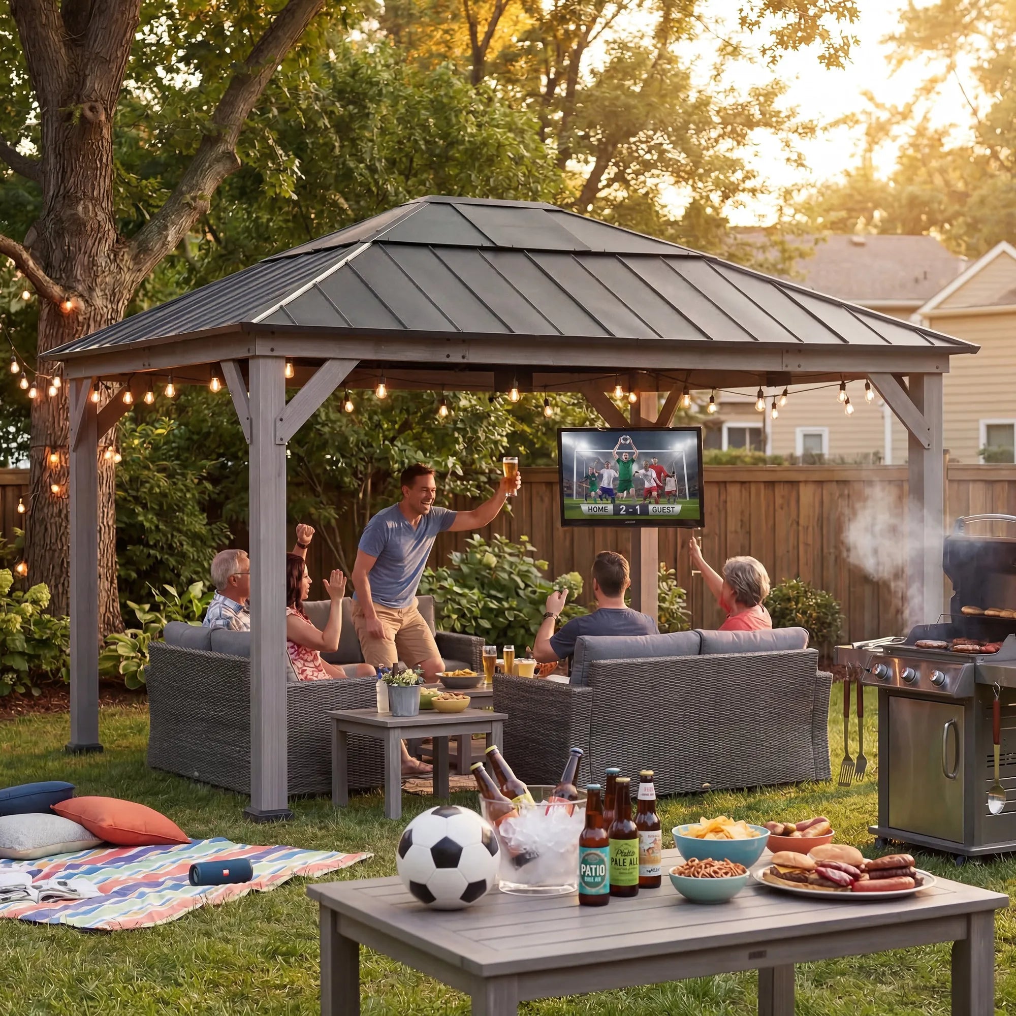 SUNJOY 13x15 Black Steel Roof Wooden Gazebo with Translucent Skylight - Burly Wood Cedar
