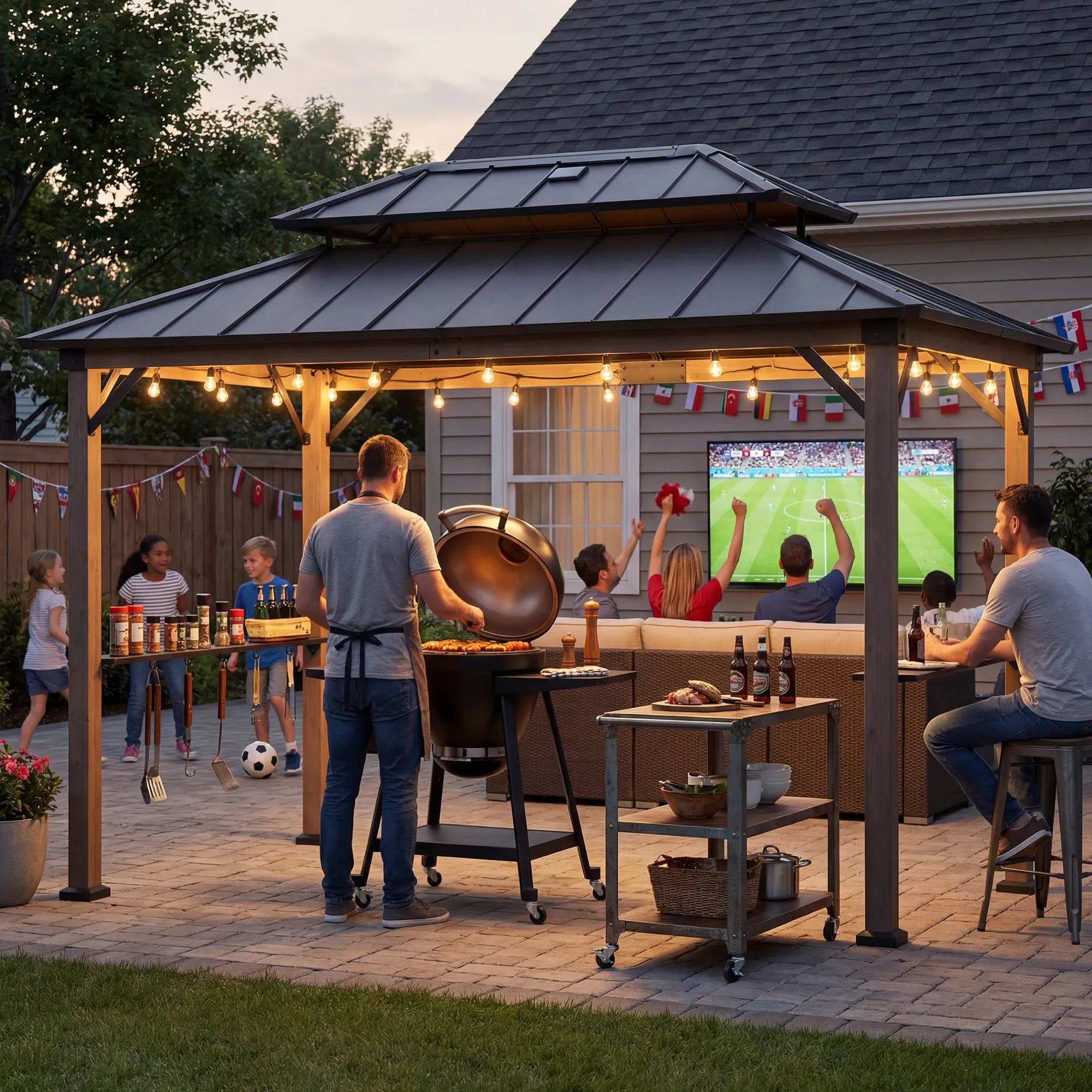 SUNJOY 8x12 Brown Wood Grill Gazebo with Solar Power and Shelves