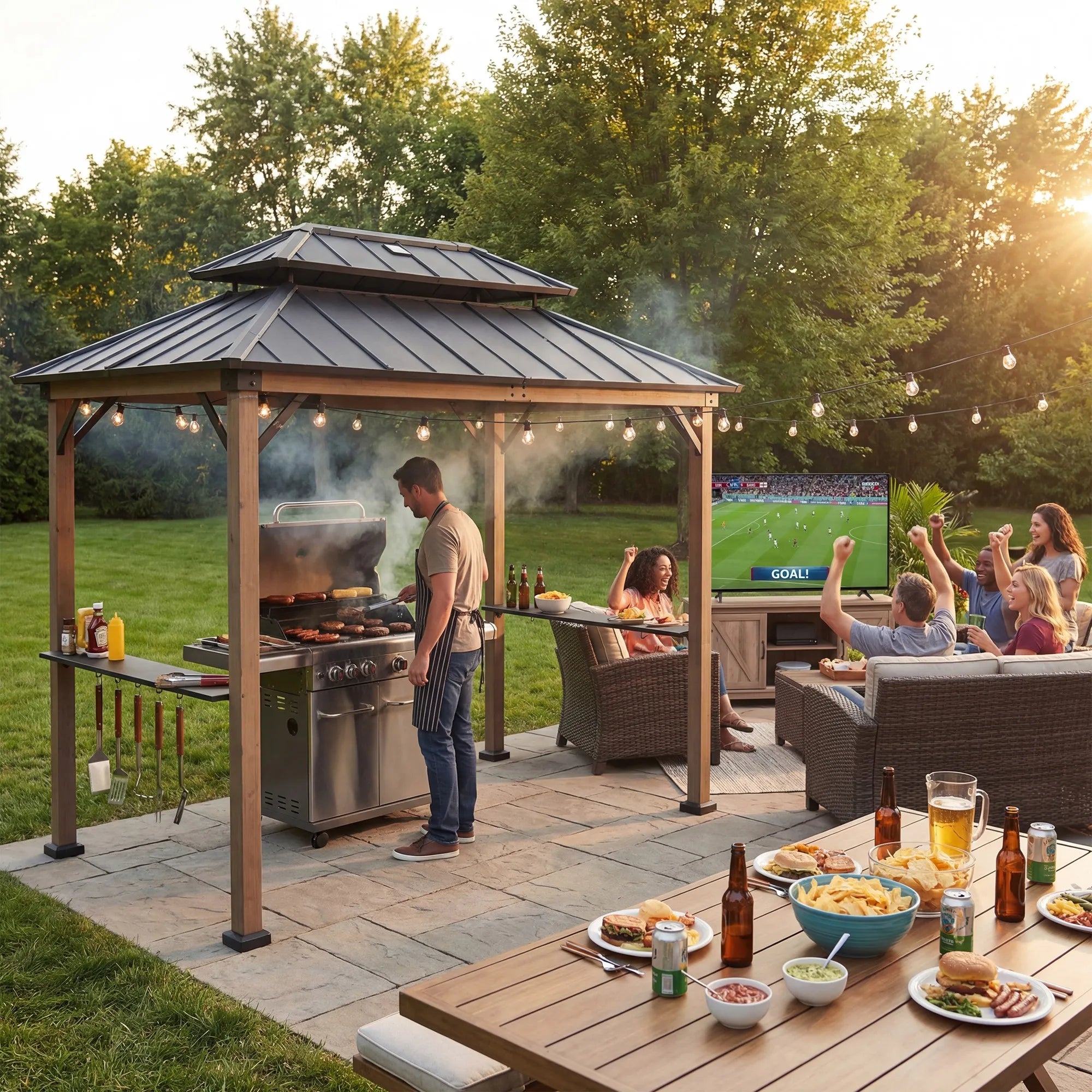 SUNJOY 8x12 Brown Wood Grill Gazebo with Solar Power and Shelves