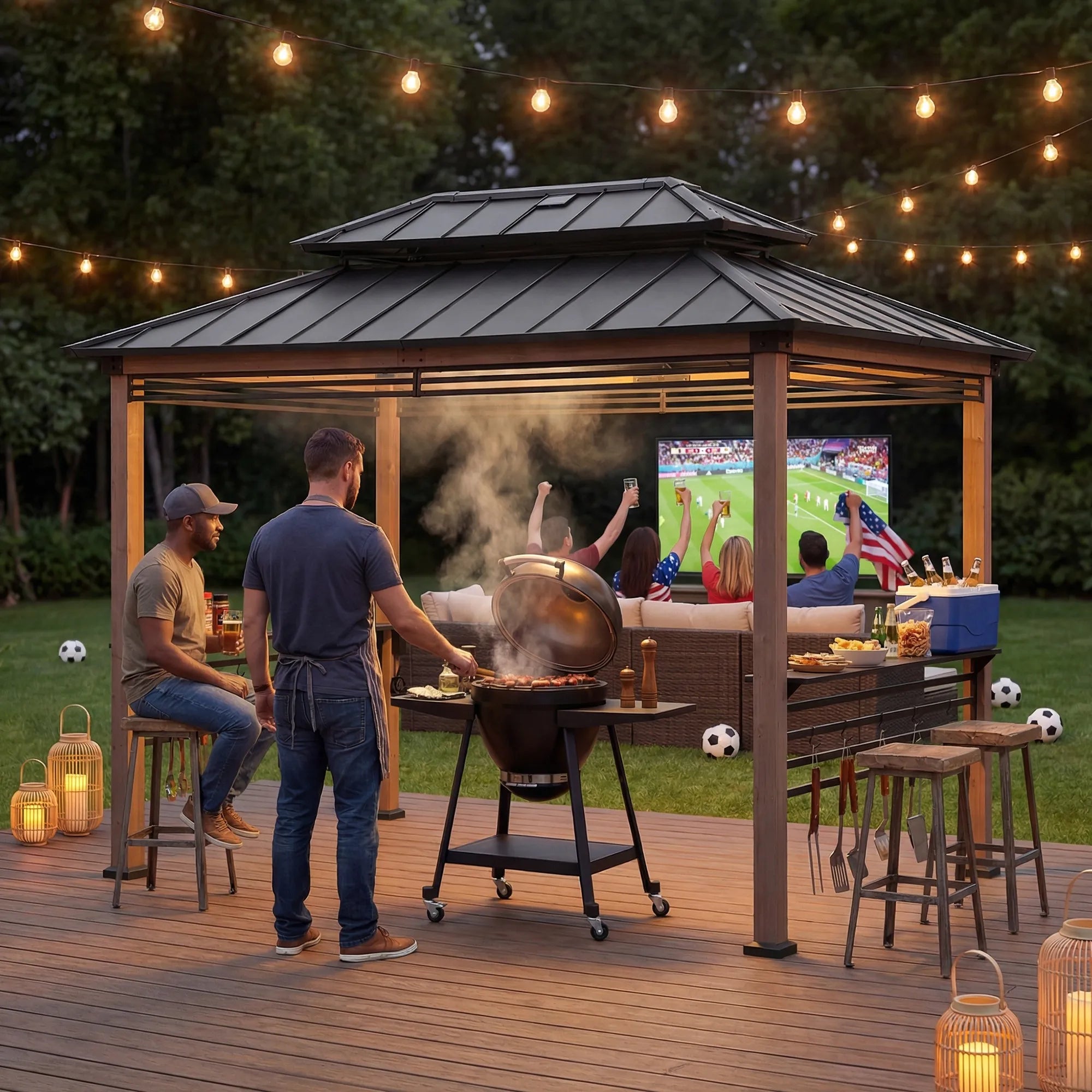 SUNJOY 8x12 Brown Wood Grill Gazebo with Solar Power, Fence and Shelves