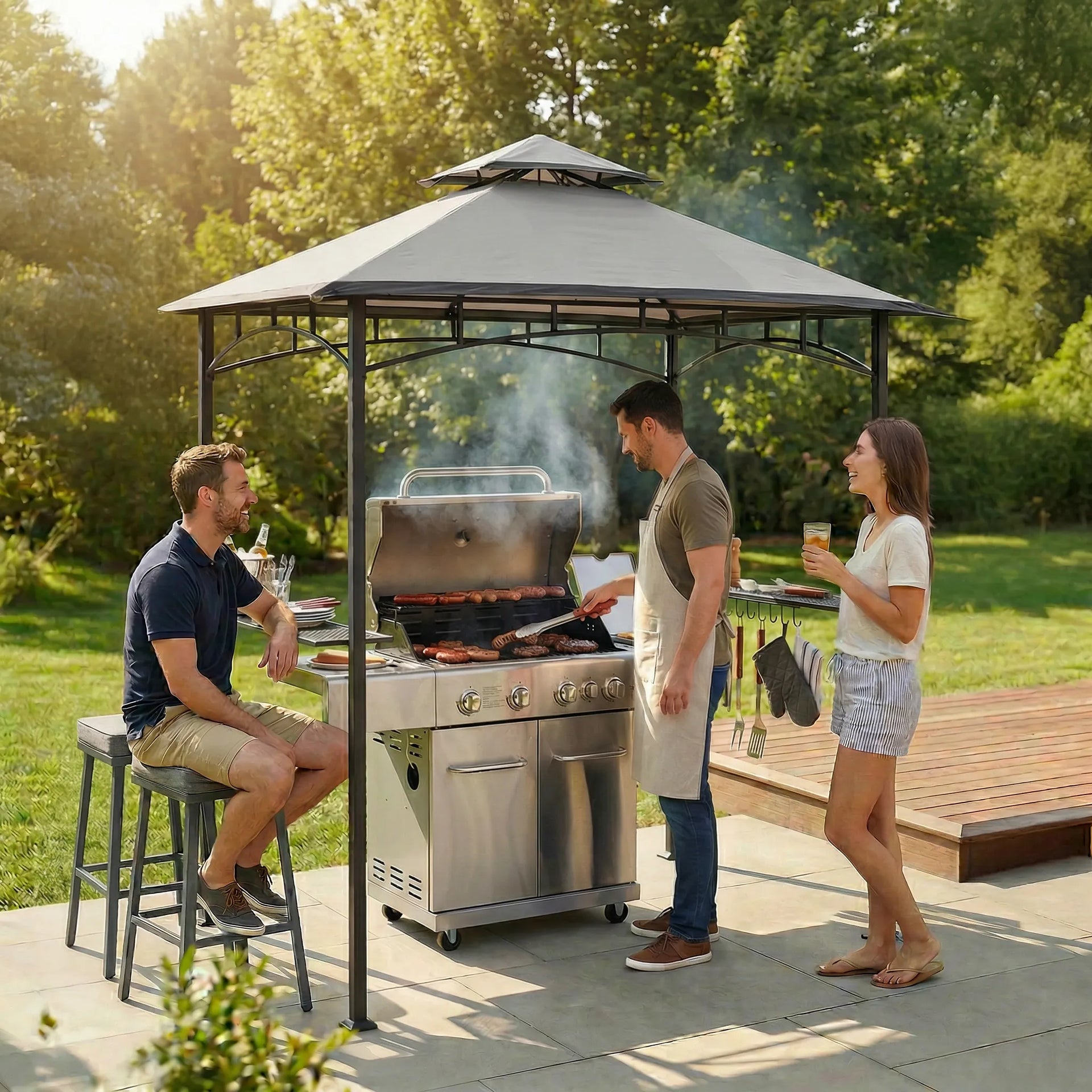 8x5 BBQ Grill Gazebo Bar Shelves Hooks Gray &