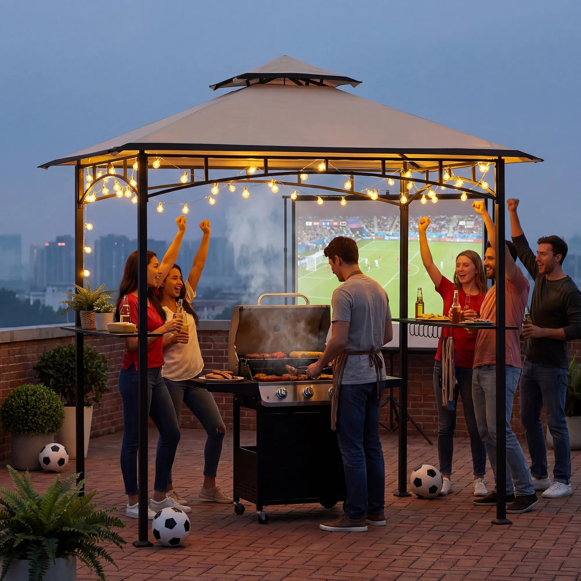 SUNJOY 8x5 BBQ Grill Gazebo with Bar Shelves and Hooks - Beige & Black