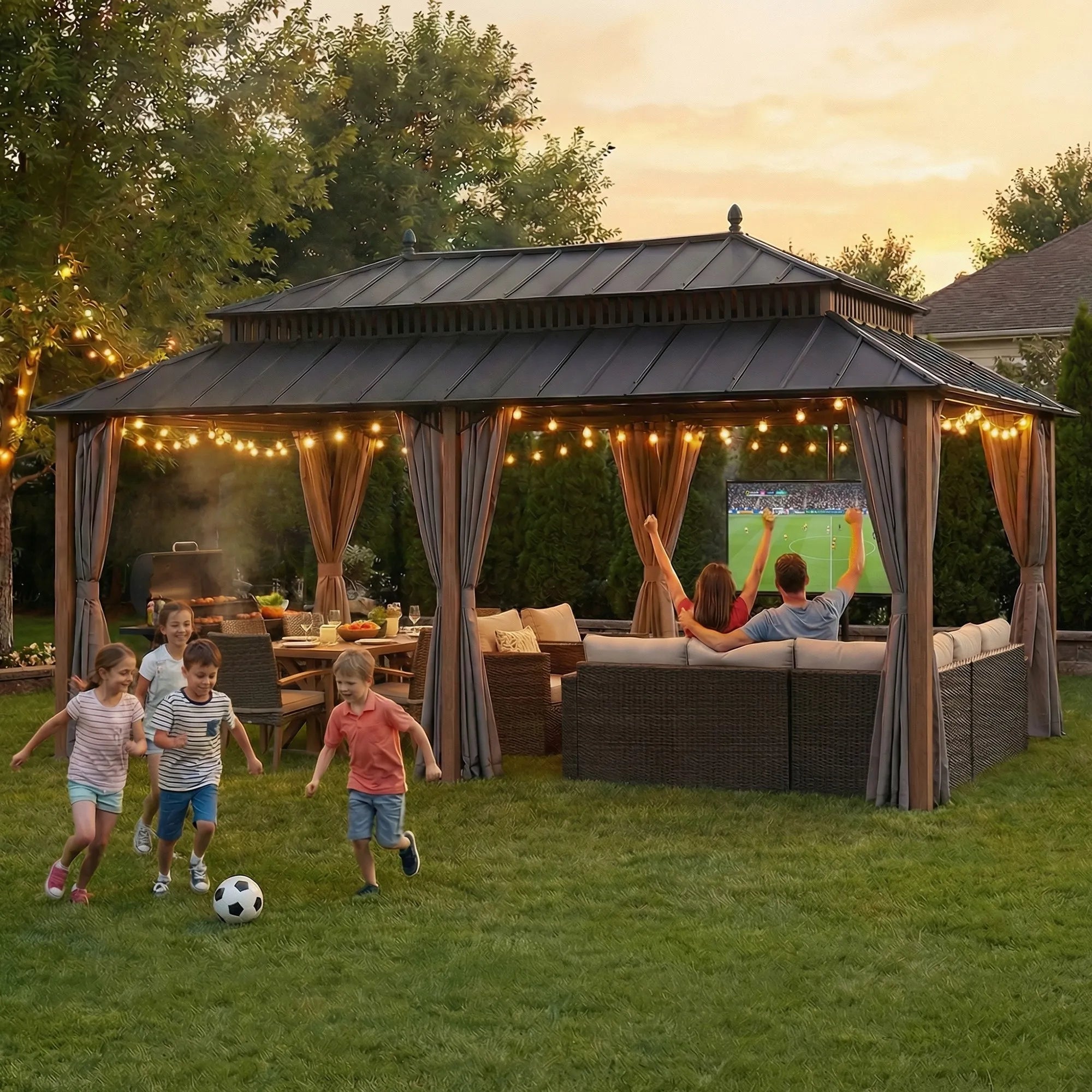 SUNJOY Kingston 12x20 Gazebo with Netting & Curtain | Steel Roof with Extra-Tall & Oversized Vent Top - Woodgrain Aluminum Posts