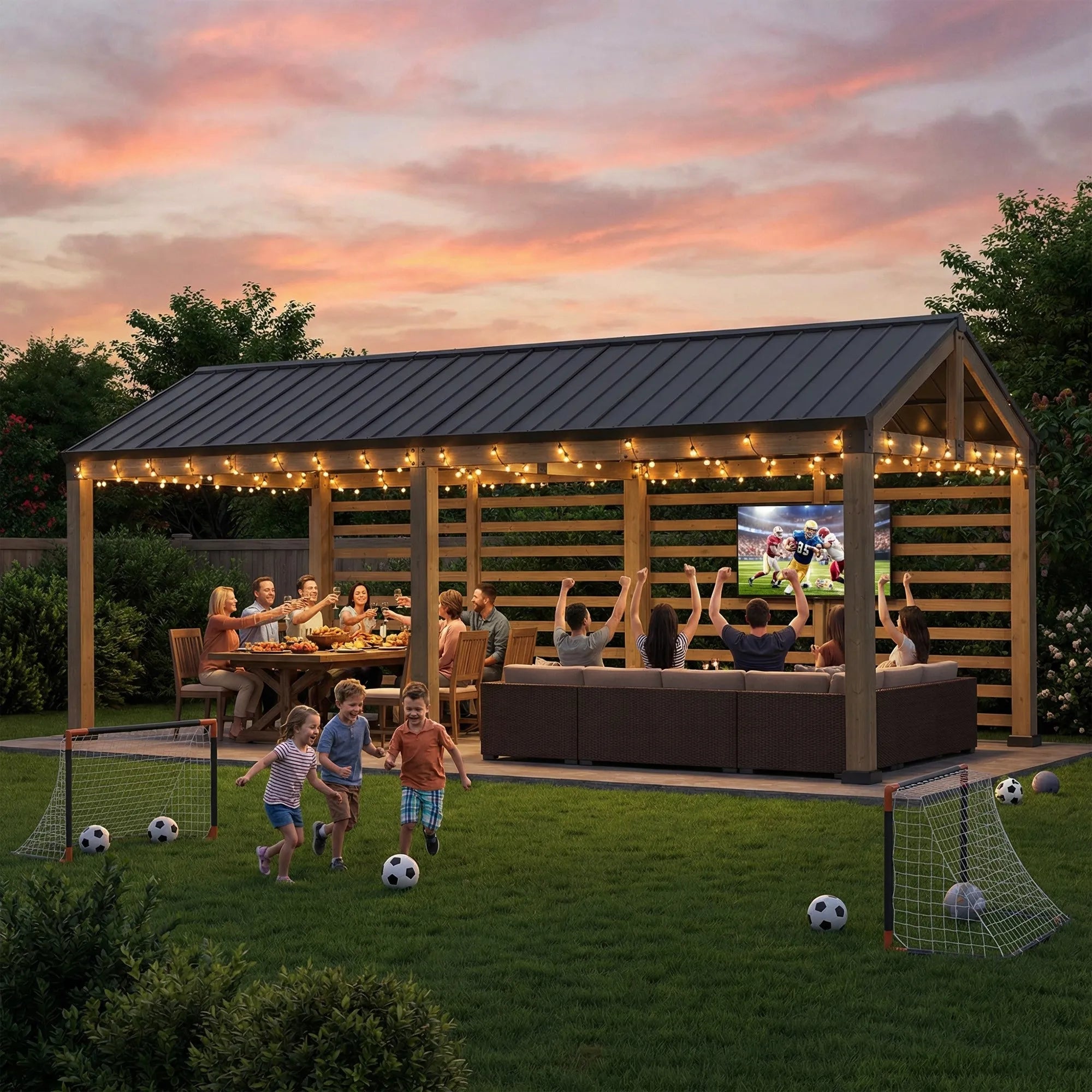 10x20 Heavy Duty Wooden Carport with Privacy Wall - SUNJOY
