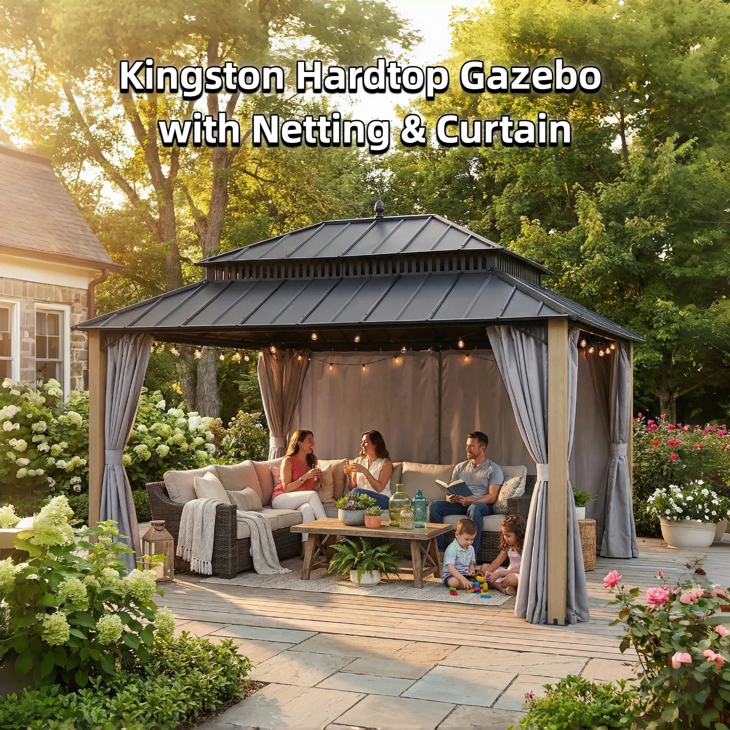 Kingston Hardtop Gazebo with Netting & Curtain in an outdoor setting with people sitting on a couch.