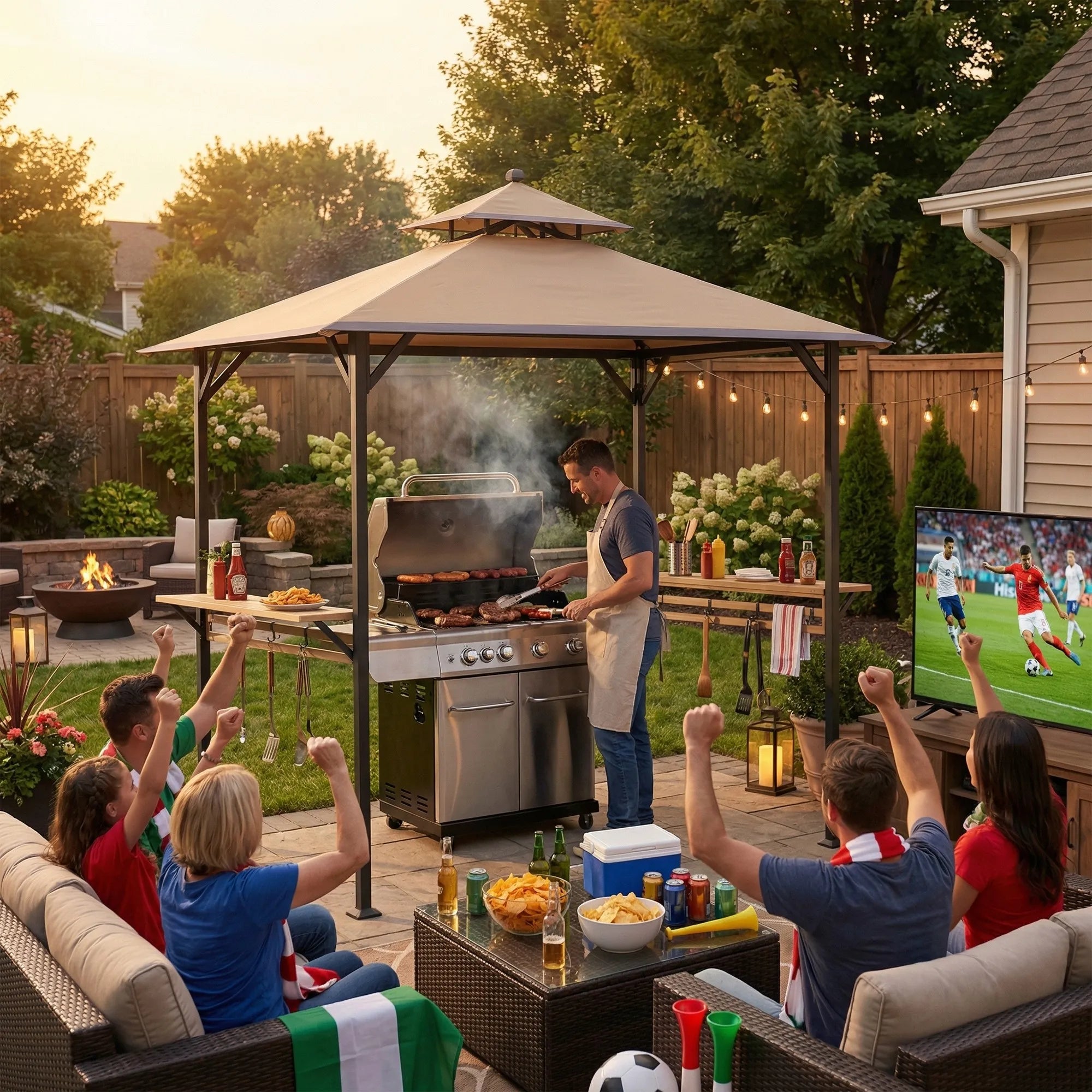 SUNJOY Outdoor Patio 8x5 Khaki 2-Tier Steel Backyard Soft Top Grill Gazebo with Bar Shelves and Hooks