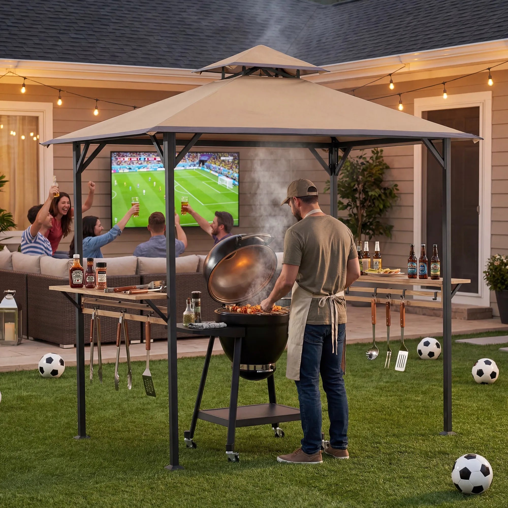 SUNJOY Outdoor Patio 8x5 Khaki 2-Tier Steel Backyard Soft Top Grill Gazebo with Bar Shelves and Hooks