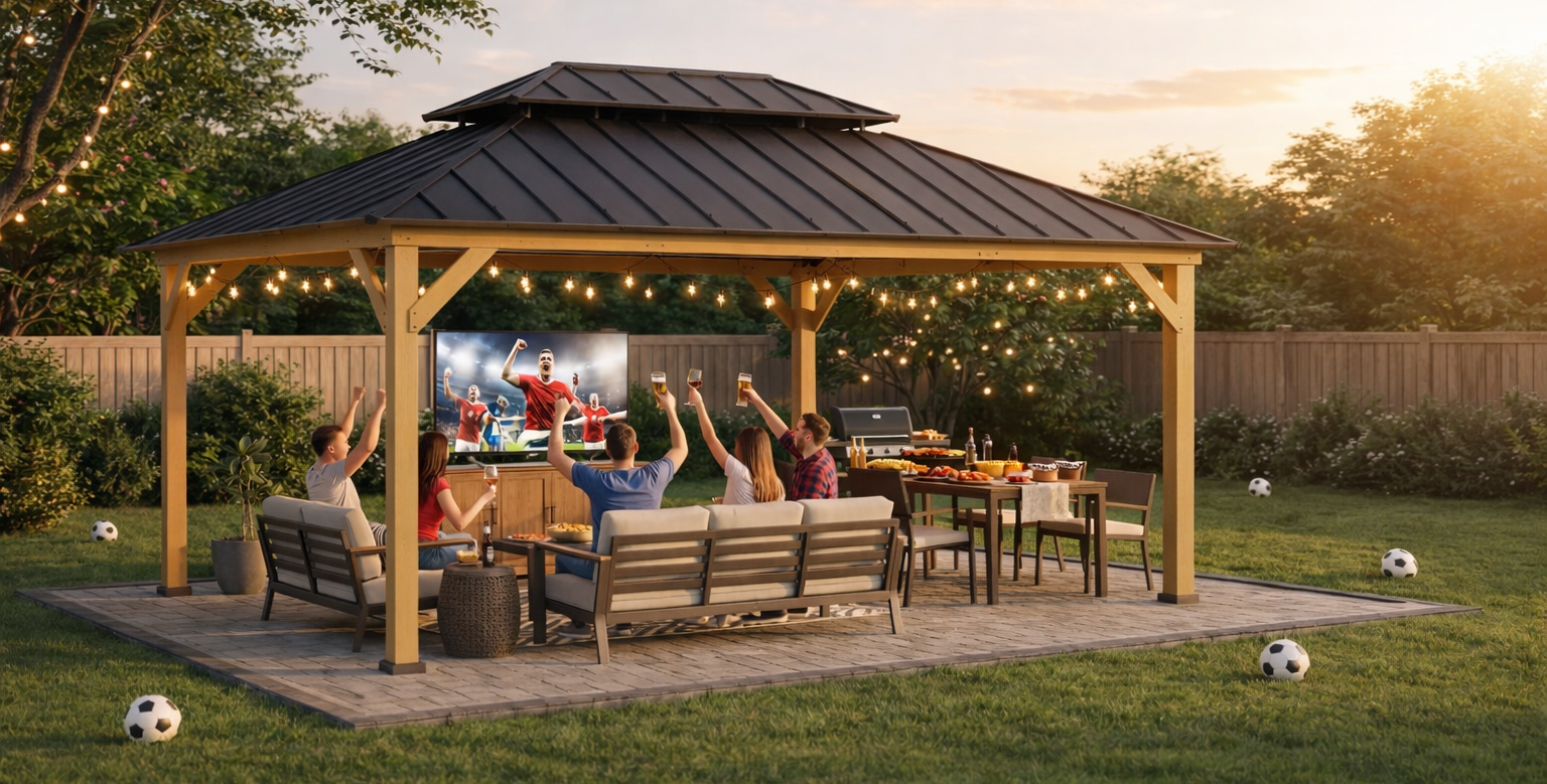 People watching sports on a screen in a backyard with a wooden gazebo and outdoor furniture.