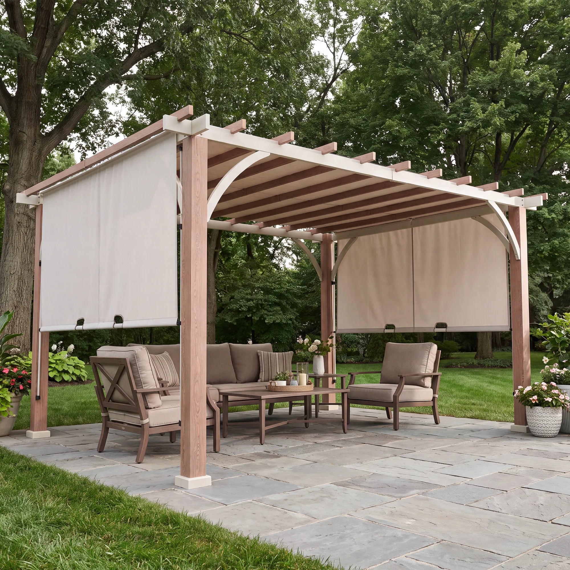 Palladio Wood-Grain Metal Pergola with Adjustable Canopy, 12x14