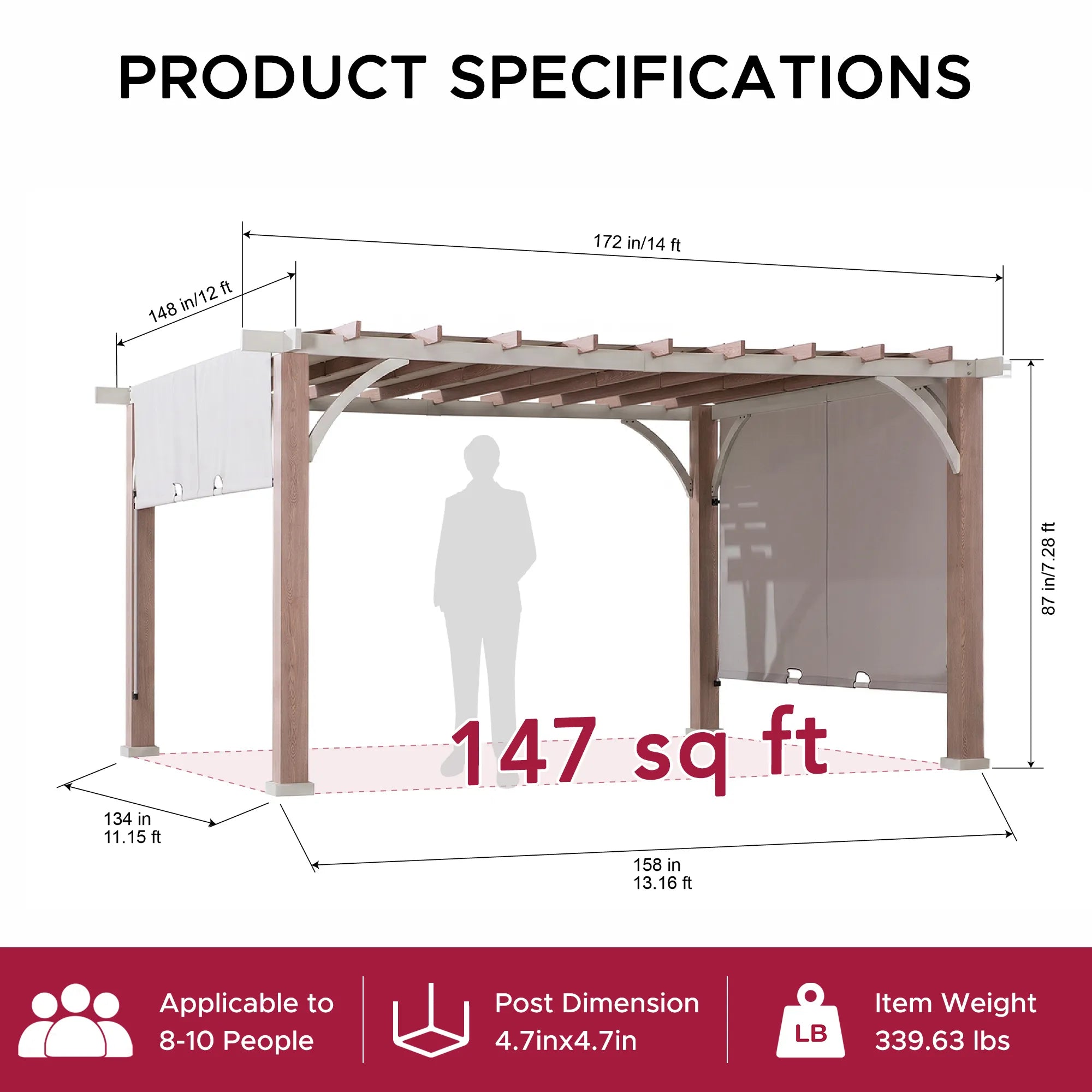Palladio Wood-Grain Metal Pergola with Adjustable Canopy, 12x14