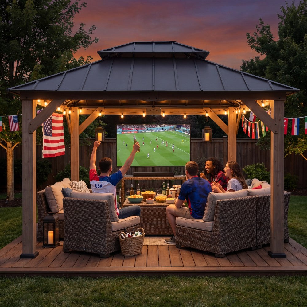 People watching a sports game on a screen in a wooden gazebo at dusk.
