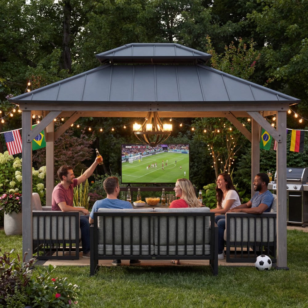 SUNJOY 10x12 Wood Gazebo with 2-tier Metal Roof and Ceiling Hook - Driftwood Cedar