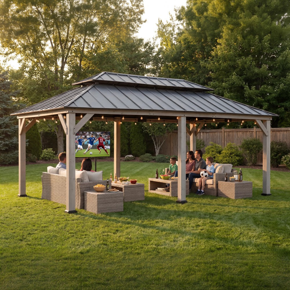 SUNJOY 12x20 Patio Wooden Gazebo with Ceiling Hooks - Standard Driftwood Cedar