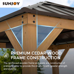 Sunjoy Cedar Gazebo, Cedar Frame 9' x 9' Gazebo, Backyard Brown Hardtop Gazebo with Ceiling Hook.