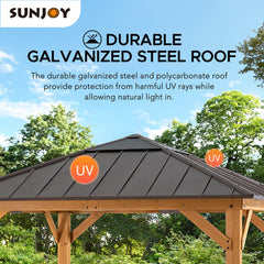 Sunjoy Hard Top Gazebo, 11’ x 11’ Wooden Gazebo, Cedar Framed Gazebo with Steel Hip Roof and Polycarbonate Skylight