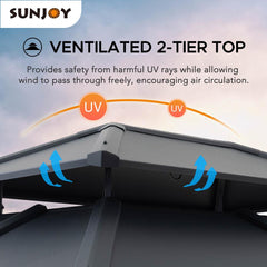 Sunjoy Outdoor Patio 10x12 2-Tier Steel Backyard Hardtop Gazebo with Metal Ceiling Hook and Netting