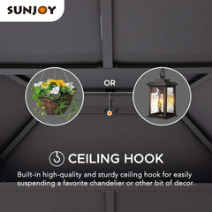 Sunjoy Outdoor Patio 10x12 2-Tier Steel Backyard Hardtop Gazebo with Metal Ceiling Hook and Netting.