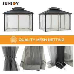 Sunjoy Outdoor Patio 10x12 2-Tier Steel Backyard Hardtop Gazebo with Metal Ceiling Hook and Netting.