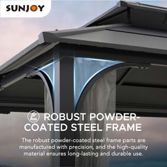 Sunjoy Outdoor Patio 10x12 2-Tier Steel Backyard Hardtop Gazebo with Metal Ceiling Hook and Netting