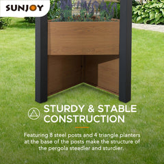 Sunjoy Outdoor Patio Black 10x12 Modern Metal Pergola Kit with Planters.