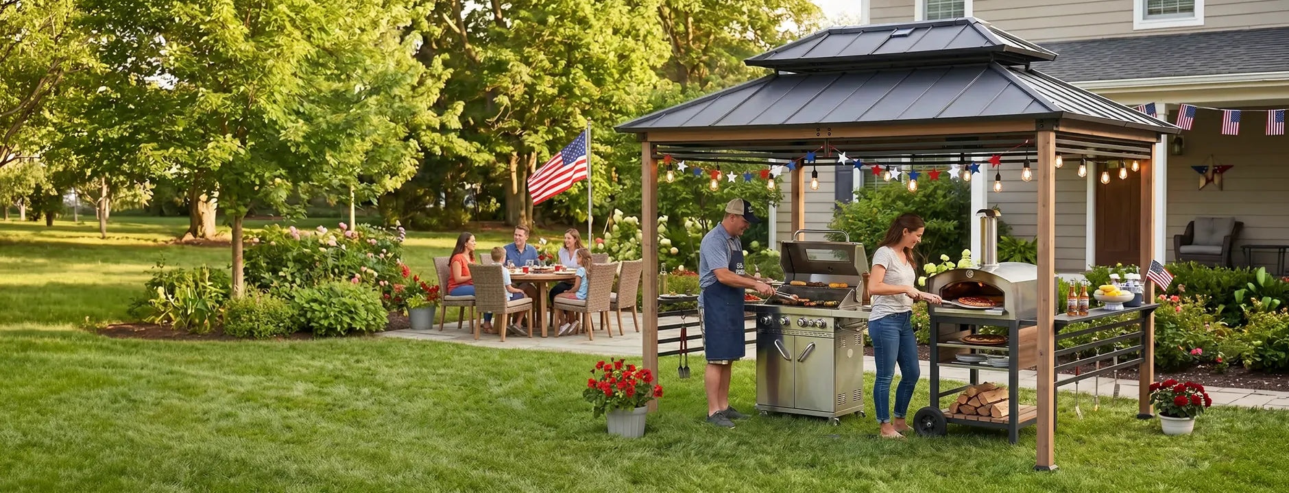 family grill under a sunjoy hardtop gazebo