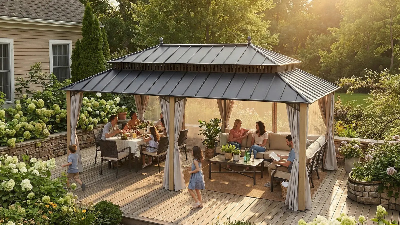 Family gathering under a gazebo on a wooden deck with greenery around